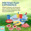 Bright Stripes Kids Picnic Basket Set, Food Pretend Play Tea Party Supplies, Children’s Toys - Includes 4 Plastic Cups, Plates, Spoons, Forks, 4 Napkins, Picnic Mat, 4 Felt Cookies, 25-Piece, Primary
