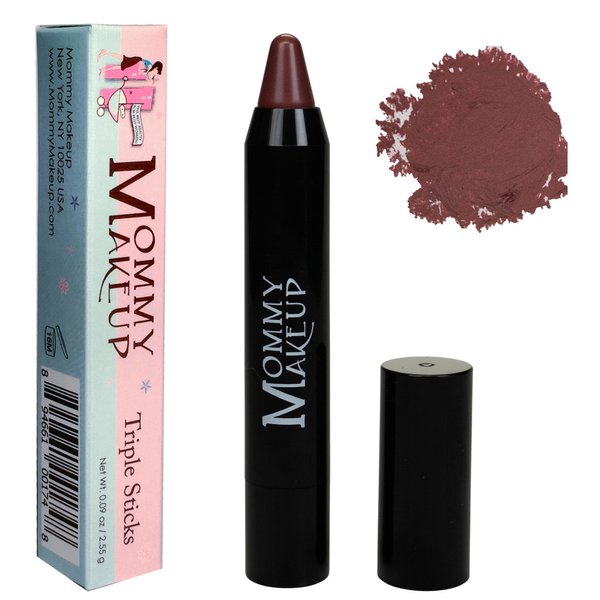 Mommy Makeup Triple Sticks Lipstick & Cream Blush in Gigi (A Plum Brown with Golden Sheen) - Soft & Creamy, Moisturizing Multistick For Lips & Cheeks with Medium Coverage