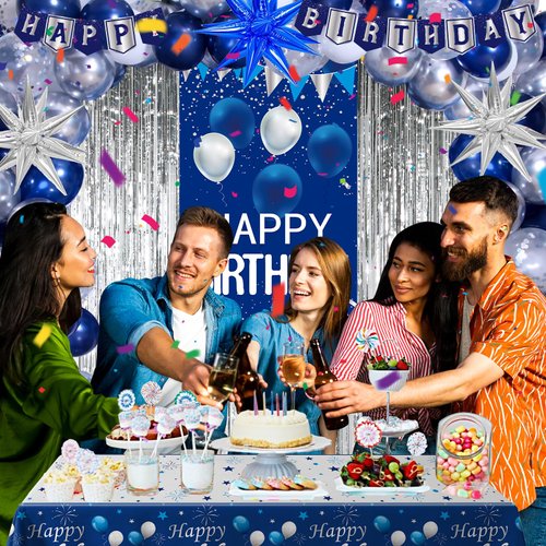 Blue Birthday Decorations for Men Women, Happy Birthday Decorations for Boys Blue Silver Happy Birthday Banner Door Banner, Tablecloth Foil Backdrop Star Balloons Arch for Mens Bday Party Supplies