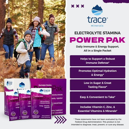 Trace Minerals | Power Pak Electrolyte Powder Packets | 1200 mg Vitamin C, Zinc, Magnesium | Boost Immunity, Hydration and Natural Energy | Concord Grape | 60 Packets