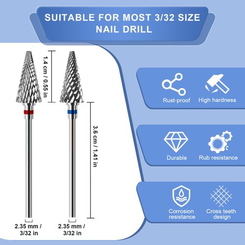 2Pcs Nail Drill Bits, 3/32” Nail Bits for Nail Drill Safety Tungsten Carbide Bits for Acrylic Nails, Drill Bit for Nail Professional Sets Great for Remove Hard Gel, Two Way Rotate Bits (Medium & Fine)