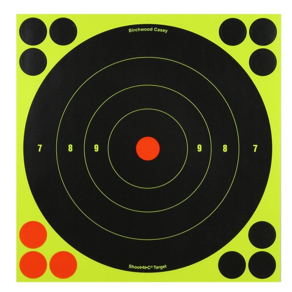 Birchwood Casey Shoot-N-C 8" Bull's-Eye Reactive Targets - Highly Visible Instant Feedback Self-Adhesive Shooting Targets with Repair Pasters - 30 Targets, 360 Pasters