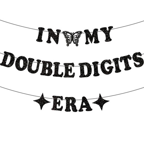 Black In My Double Digits Era Banner-Happy 10th Birthday Banner, Black Glitter Double Digits Banner for Girl Boy 10th Birthday Party Decorations Supplies