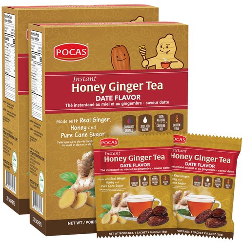 Pocas Honey Ginger Tea - Instant Tea Powder Packets with Date & Ginger Honey Crystals Tea, Non-GMO/Gluten Free/Caffeine Free Tea, 20 Count (Pack of 2)