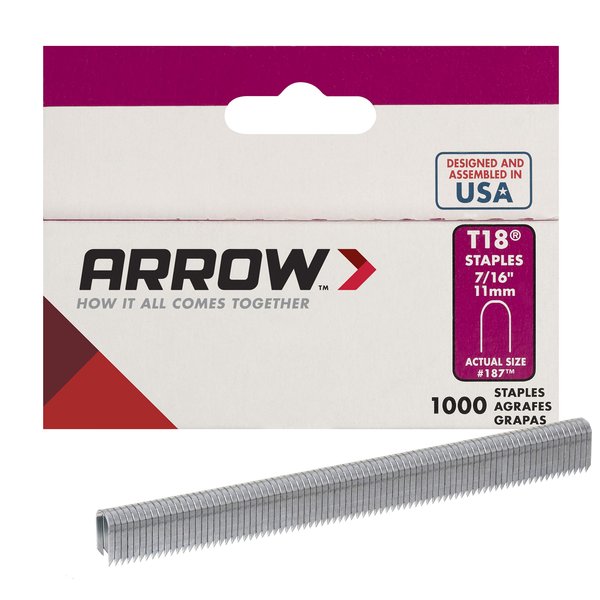 Arrow Fastener 187 Genuine T18 Staples, 7/16 Inch Leg Length, 3/16-Inch Crown Size,1,000-Pack, grey,