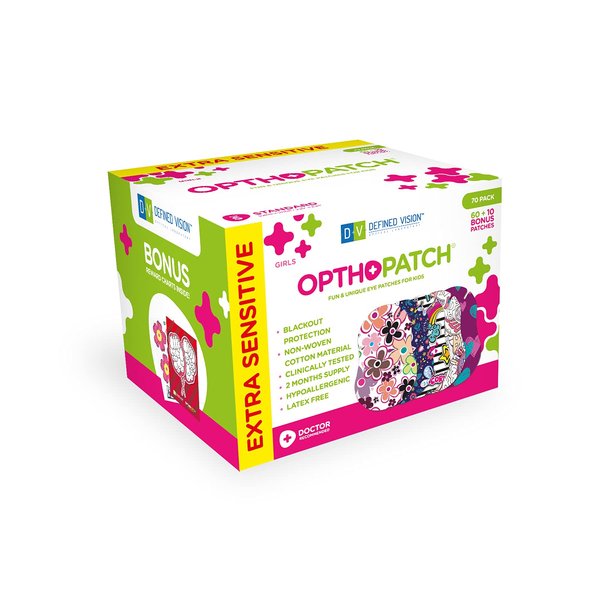 Opthopatch Kids Eye Patches - Fun Girls Design [Series II] - 60 + 10 Bonus Latex Free Hypoallergenic Cotton Adhesive Bandages for Amblyopia and Cross Eye - 3 Reward Chart Posters by Defined Vision