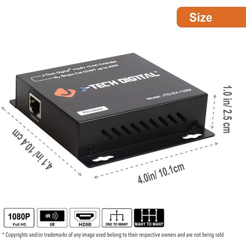 J-Tech Digital ProAV HDMI Extender Over Single Cat5e/6 Cable TCP/IP 1080p IR Remote Up to 400ft [JTD-EX-120M-R] (Receiver Only)