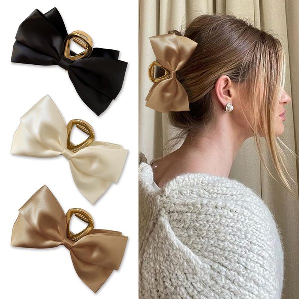 YONOY 3PCS Hair Bows Metal Claw Clip for Women Girls,Premium Bow-knot Hair Clips for Women Thick Hair & Thin Hair,Nonslip Bows Claw Clips for Women,Big Bows Hair Clips（Black,White,Khaki）