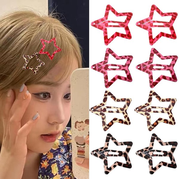 Star Snap Clips for Hair Y2K Pink Leopard Print Hair Clips Set of 8 Metal Brown Cheetah Leopard Hair Barrettes Hairpins Headpiece Aesthetic Edgy Star Hair Accessories for Teen Girls Women