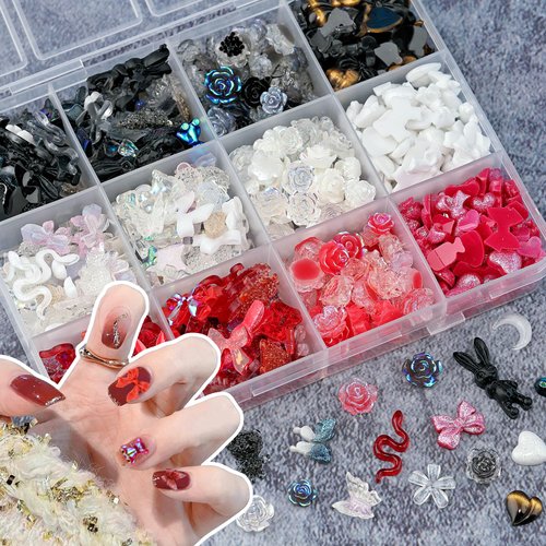 editTime Mixed Style Fashion 3D Nail Art Charms Kit Resin Camellia Rose Flower Butterfly Bow Moon Heart Bear Snake Hollow Pearl with Rhinestones and Soft Slice (Black White red)