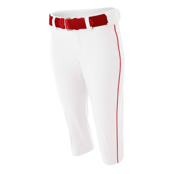 A4 Womens Softball Pant with Piping, Medium, White Scarlet