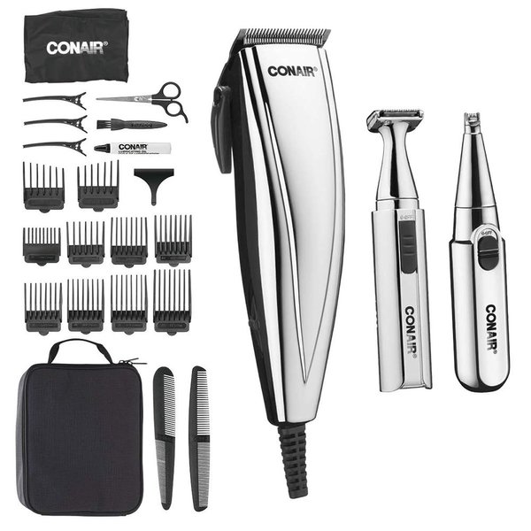 ConairMAN 3-in-1 Chrome 25-piece Hair Clipper, Includes Battery Operated Detail Trimmer and Battery Operated Ear and Nose Hair Trimmer