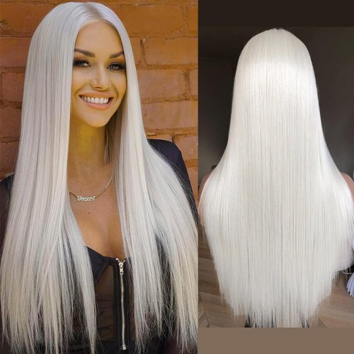 FINMOO Platinum Blonde Lace Front Wigs Human Hair Pre Plucked #60 Straight Human Hair Wig 13x4 HD Transparent Lace Frontal Wig Glueless Silver Lace Front Wigs for Women 4 Inch 180 Density