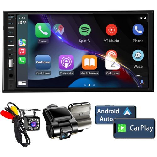 Naifay Double Din Car Stereo with Dash Cam | 7INCH Touchscreen Car Radio Receivers Support with Apple Carplay & Android Auto, Bluetooth, Backup Camera, Mirror Link, Voice Control, SWC, FM/USB/TF/AUX
