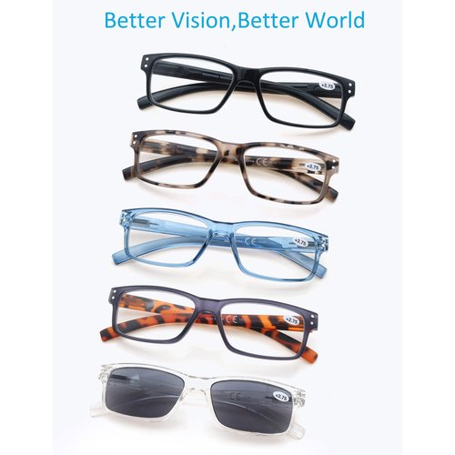 MODFANS 5-Pack Reading Glasses 1.0 Mens/Womens,Readers Comfort Spring Hinges,Sun Reader