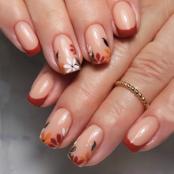 Fall Press on Nails Medium Square MABKJLF French Tip Fake Nails Wine Red Full Cover Flower Nail Tip False Nails with Designs Glossy Glue on Nails Manicure Artificial Nails for Women Girls 24Pcs