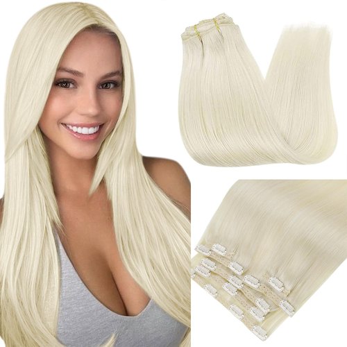 RUNATURE Blonde Clip in Hair Extensions Real Human Hair 10 Inch Short Human Hair Extensions Clip Ins Platinum Blonde Clip on Extensions Double Weft Thick Ends 80g 7Pcs