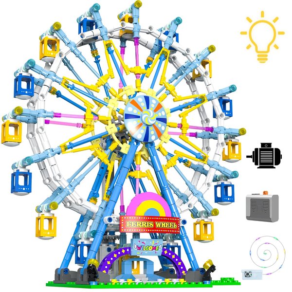 813Piece Ferris Wheel Building Set with Fairy Lights, Two-Way Rotation， STEM Learning Toy for Ages 8-12 ，Amusement Park Construction Kit for Boys, Girls, and Adults (Blue)
