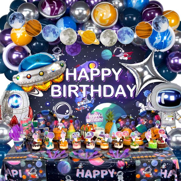 HJINGY Outer Space Birthday Party Decorations, Space Themed Party Decorations Include Space Balloons, Backdrop, Galaxy Banner, Tablecloth, Plates, Cups, Cake Toppers for Outer Space Party Supplies