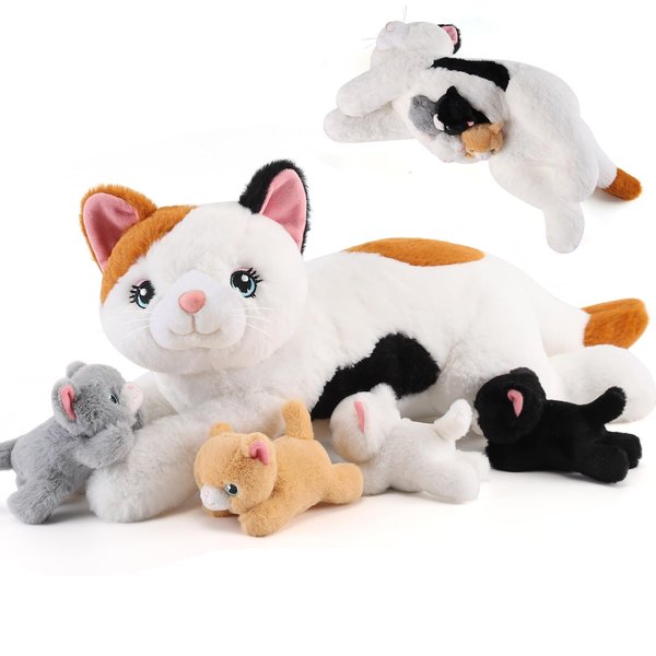 gnomantic 5 Pieces Cat Stuffed Animals with Babies Inside Belly - 1 Mommy Stuffed Cat with 4 Kittens - Stuffed Kitty Cat Plush Toys for Kids Age 3-8, Gifts Ideal for Christmas, Valentine's, Birthday
