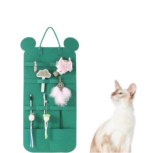 BAMY Cat Wand Toy Storage Bag Cat Teaser Wand Holder with Thickened Felt for Neatly Organizing Cat Toys Bear Design Toy Buggy Bag (Green)