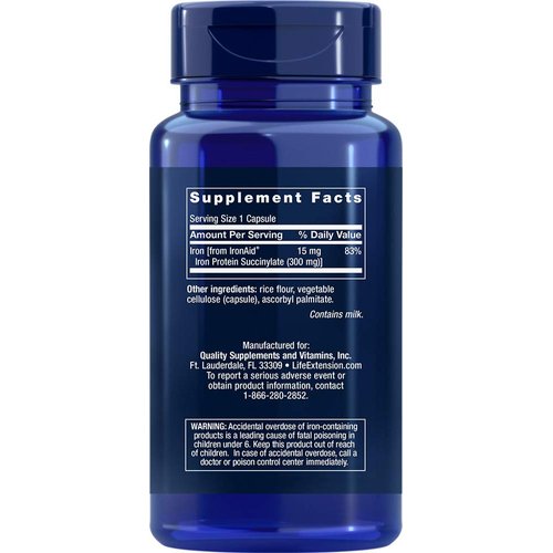 Life Extension Iron Protein Plus, iron protein succinylate, absorbable iron supplement for whole-body health, non-GMO, gluten-free, vegetarian, 100 capsules