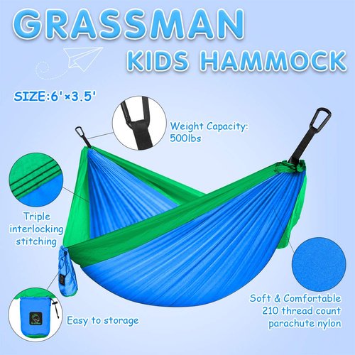 Grassman Kids Hammock- Small Hammock for Camping Portable Hammock for Child Girls Boys Ultralight Backpack Mini Hammocks with Straps Blue
