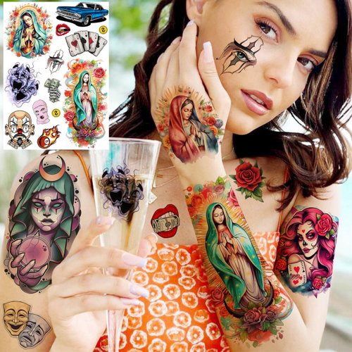 6 Sheets 3D Mexico Chicano Temporary Tattoos For Women Men Adults, Watercolor Guadalupe Tattoo Sticker, Prison Gangster Cholo Joker Chicana Halloween Tattoos Face, Tatuajes Temporales Autocolante