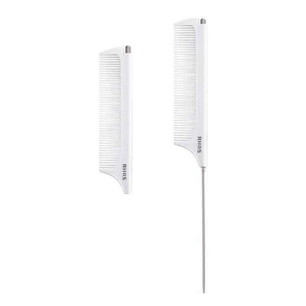RHOS Retractable Rat Tail Comb for Parting,Protable Fine Tooth Teasing Comb for Styling,Hair Cutting,Braiding-Carbon Parting Combs for Braiding Hair,Stainless Steel Pin Tail Teasing Comb(White)