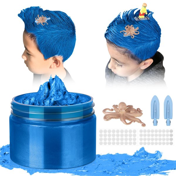 Temporary Hair Color Wax Kit, Stocking Stuffers for Teen Girls age 4 5 6 7 8 9 10+ Hair Dye Color Wax Washable Crazy Hair Sea Style with octopus model (Blue)