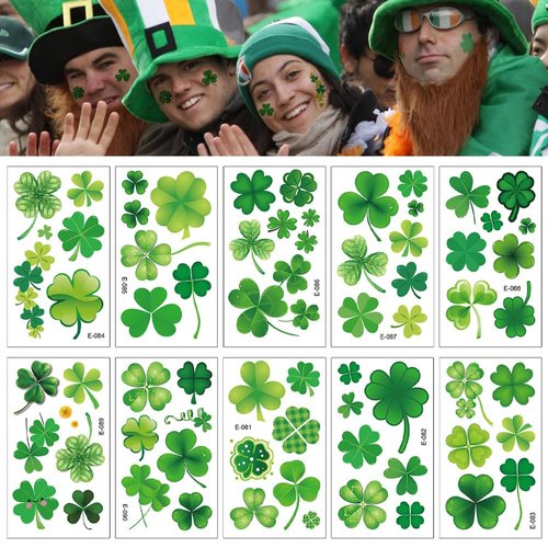 10 Sheets St. Patrick's Day Temporary Tattoos 78 Pcs Shamrock Tattoos Stickers Saint Patrick’s Day Stickers for Face Body Arms Decoration Green Clover Party Supplies for Kids Adults