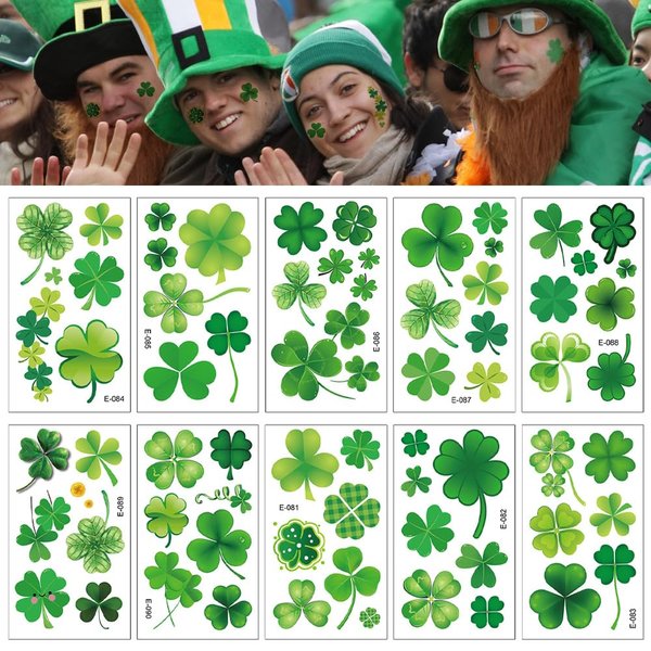 10 Sheets St. Patrick's Day Temporary Tattoos 78 Pcs Shamrock Tattoos Stickers Saint Patrick’s Day Stickers for Face Body Arms Decoration Green Clover Party Supplies for Kids Adults