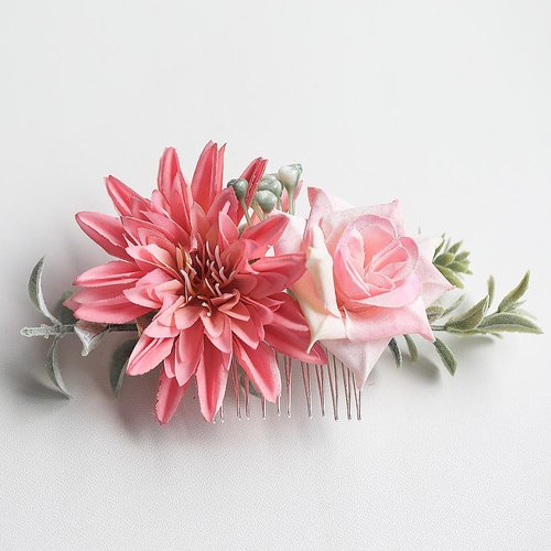Fangsen Wedding Boho Pink Dahlia Rose Flower Hair Clips Floral Hair Accessories for Brides and Bridesmaids Silver