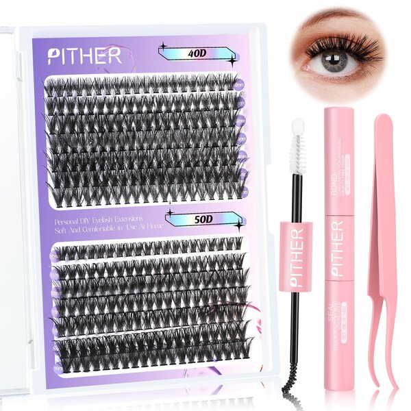 Lash Extension Kit, PITHER DIY Eyelash Extension Kit at Home with Lash Bond and Sealant Lash Tweezers for Self Use (0.07mm 10-16mm Volume Lash Clusters 40D+50D 280pcs)