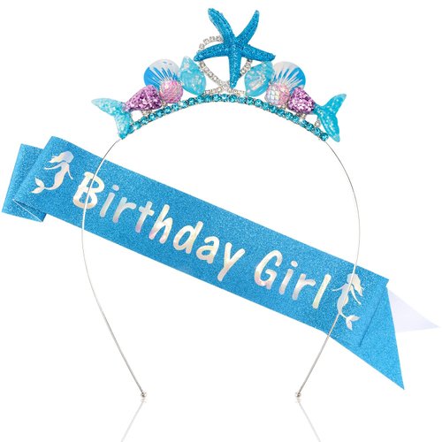 Atoden Mermaid Tiara and Sash, Blue Princess Costume Headwear, Starfish Seashell Mermaid Tail Headpiece, Happy Birthday Accessories for Girls and Women, Party Supplies Costume Gifts
