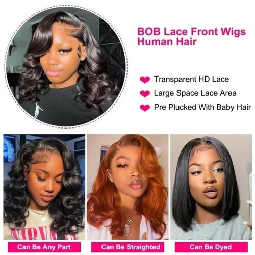 Caijuxing 13x6 Body Wave Bob Wig Human Hair 16 Inch HD Lace Frontal Bob Wigs Human Hair Free Part 180% Density Loose Wavy Bob Lace Front Wigs Human Hair for Black Women Natural Black