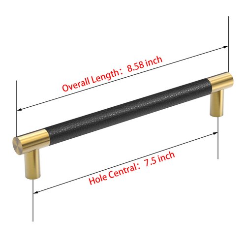 Bar Cabinet Handle Knob Pull Brushed Satin Gold/Brass Finish with Upholstered Black Leather 8.5" (7.5" Hole Center) for Kitchen Cabinet Hardware/Dresser Drawer Handles, 5 Pack