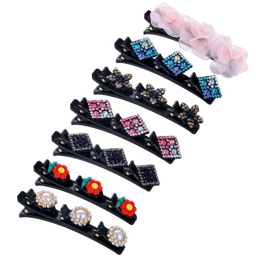 SENNI 7PCS Sparkling Crystal Stone Braided Hair Clips Hairpin Duckbill Clip with 3 Small Clips Flowers For Womens Girls Satin Fabric Hair Bands, Rhinestone Hair Clips Hair Accessories Gift (Style 6)