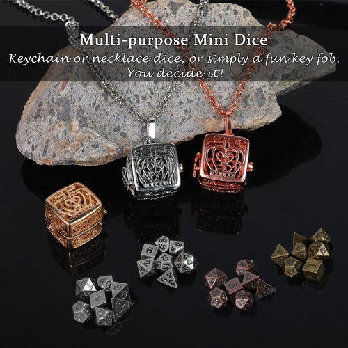 Mini Dice Set with Copper Hollow Crown Necklace Dice Case Antique Tiny Small Metal DND Dice Set D&D Portable 7PCS Keychain Dice Set