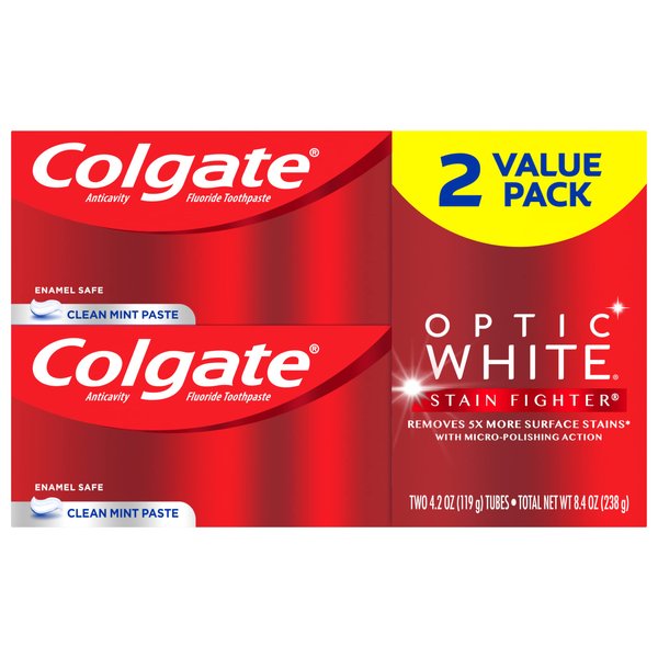 Colgate Optic White Whitening Toothpaste, Stain Fighter, Mint, 2 Count(Pack of 1)