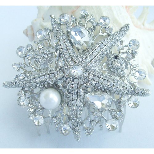 Sindary Wedding Headpiece 3.15" Pearl Rhinestone Crystal Bridal Starfish Hair Comb HZ6412 (Silver-Tone Clear)