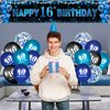 Blue Black 16th Birthday Banner Happy 16th Birthday Decorations for Boys Girls with 20 PCS Sweet 16th Birthday Balloons for 16 Years Old Anniversary Birthday Party Supplies Indoor Outdoor Decor