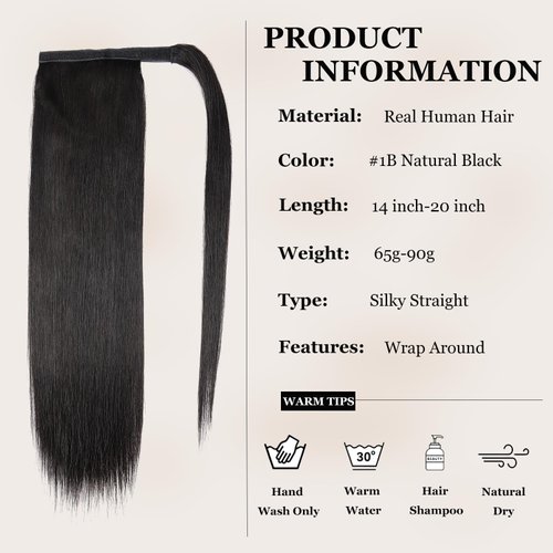 JIAMEISI Ponytail Extension Human Hair Wrap Around Clip in Hair Piece Ponytail Extension Human Hair Straight Ponytail For Black Women with Magic Paste 70G(16 inch, Natural Black #1B)