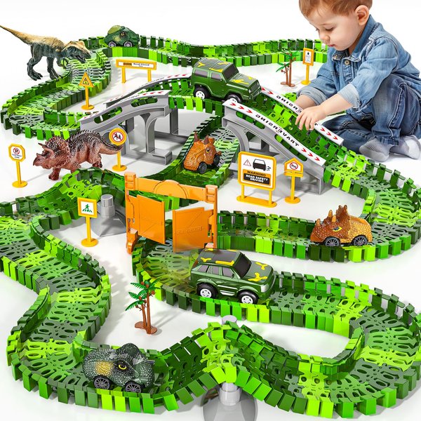 MSKOLER 144 Pieces Dinosaur Toys Car Race Tracks Sets for Kids 3 4 5 6 7 8 Years Old - Flexible Tracks Playset with Kids Dinosaur, Electronic Toy Cars for Boys, Birthday Gifts for Toys Toddlers 3-5