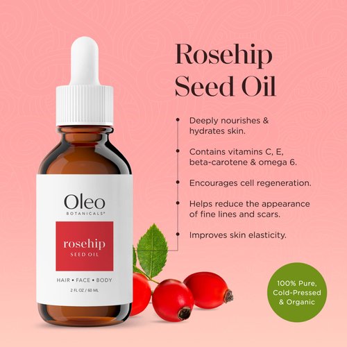 Oleo Botanicals Rosehip Seed Oil Organic, 100% Pure (Rosa Mosqueta) Cold Pressed & Unrefined - Nourishing - Face Moisturizer, Hair, Body & Nails - (60ml)