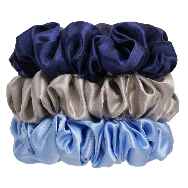 QIYUE 100% Mulberry Silk Scrunchies for Hair,3PCS 22 Momme Silk Hair Ties,Scrunchies for Women Girls，Hair Ties Ropes Ponytail Holder (Blue,Navy,Light Grey)