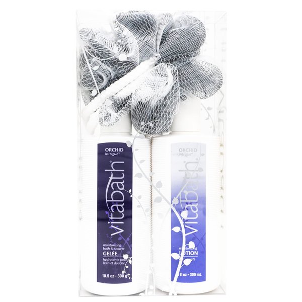 Vitabath Orchid Intrigue Everyday Skincare Set Moisturizing Shower Gel Wash, Reviving Lotion & Exfoliating Body Scrubber Pouf - Alluring Foam Cleanser & Dry Skin Hydration for Women & Men