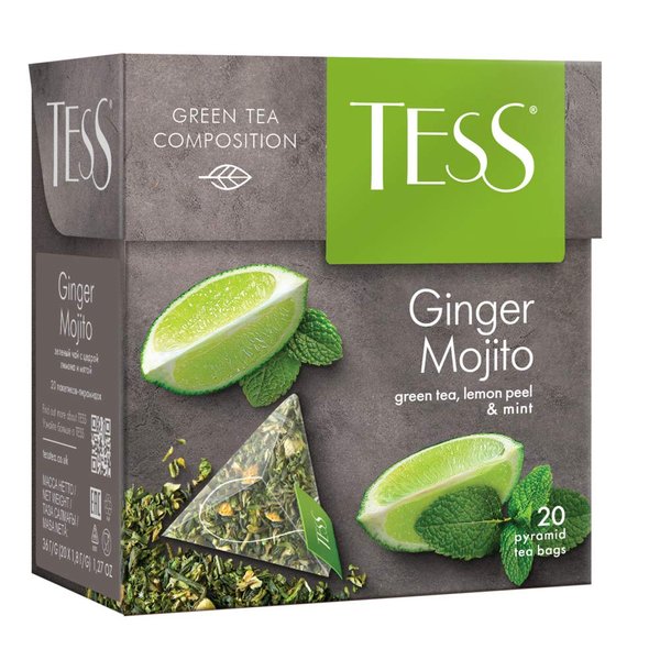 Tess Ginger Mojito Green Tea Composition Lemon Peel and Mint Leaf Tea in 20 Pyramid Sachets