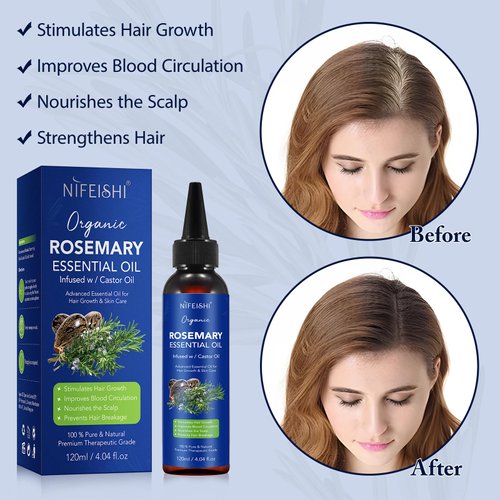 Rosemary Oil for Hair Growth, 120ml Pure Natural Organic Rosemary Essential Oil Infused w/Castor Oil Used for Scalp Massager, Improves Blood Circulation, Body Massage, Reduce Hair Loss