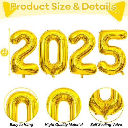 New Years Eve Party Supplies 2025, 40" Gold Number 2025 New Year Helium Balloons for Boys Girls, Class of 2025 Graduation Mylar Foil Balloons for Men Women New Year Celebration Prom Party Decorations